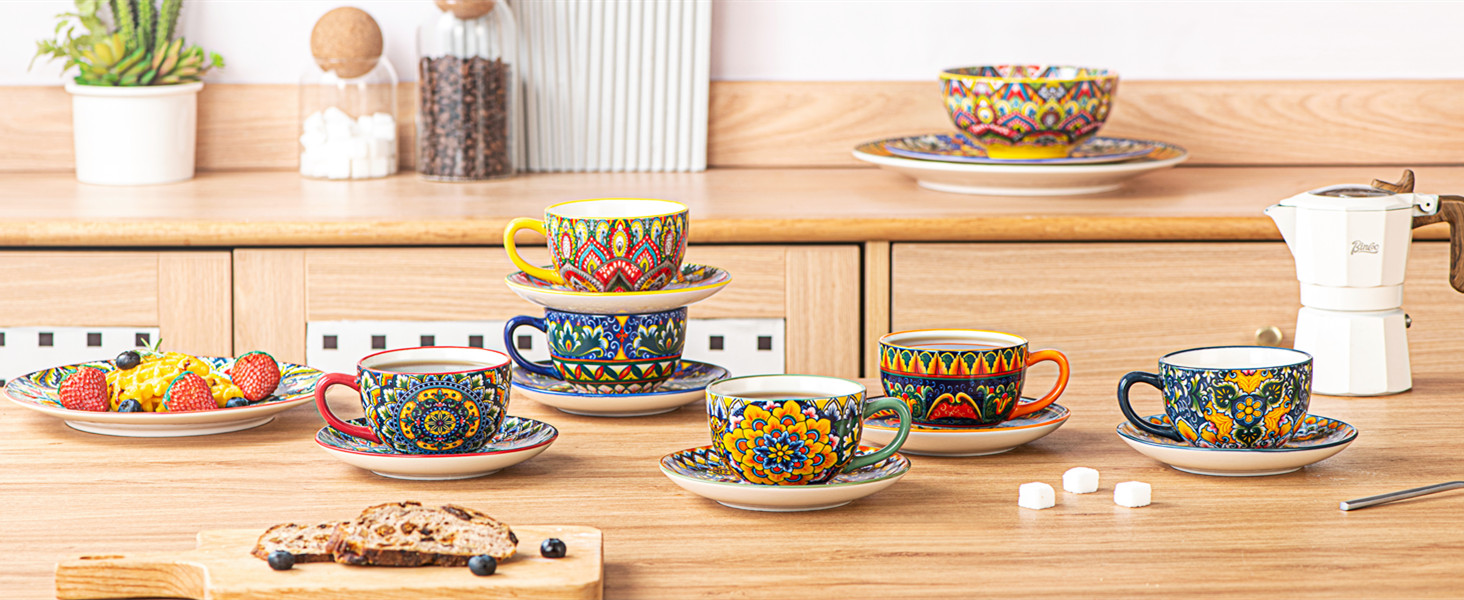 Кавовий сервіс Henten Home з порцеляни, 6 чашок, 250 мл, ручної роботи, набір для 6 осіб. Включає чашки та блюдця