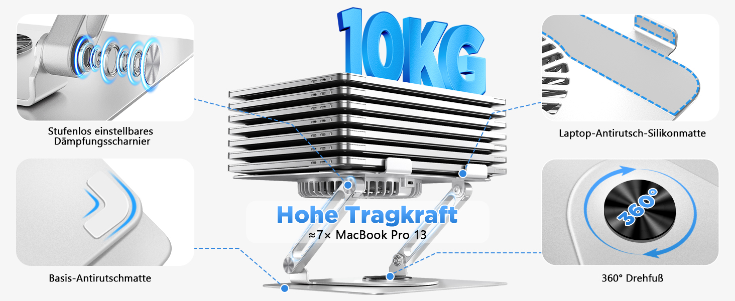 Підставка для ноутбука ICARE з RGB підсвіткою та охолодженням, 360° обертання, до 16 дюймів, срібна