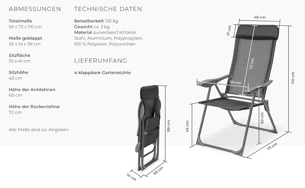 Шезлонги Tectake® 4 шт. - регульовані, з підставкою для ніг, легкі, складані, для саду, балкону, кемпінгу (Антрацит)