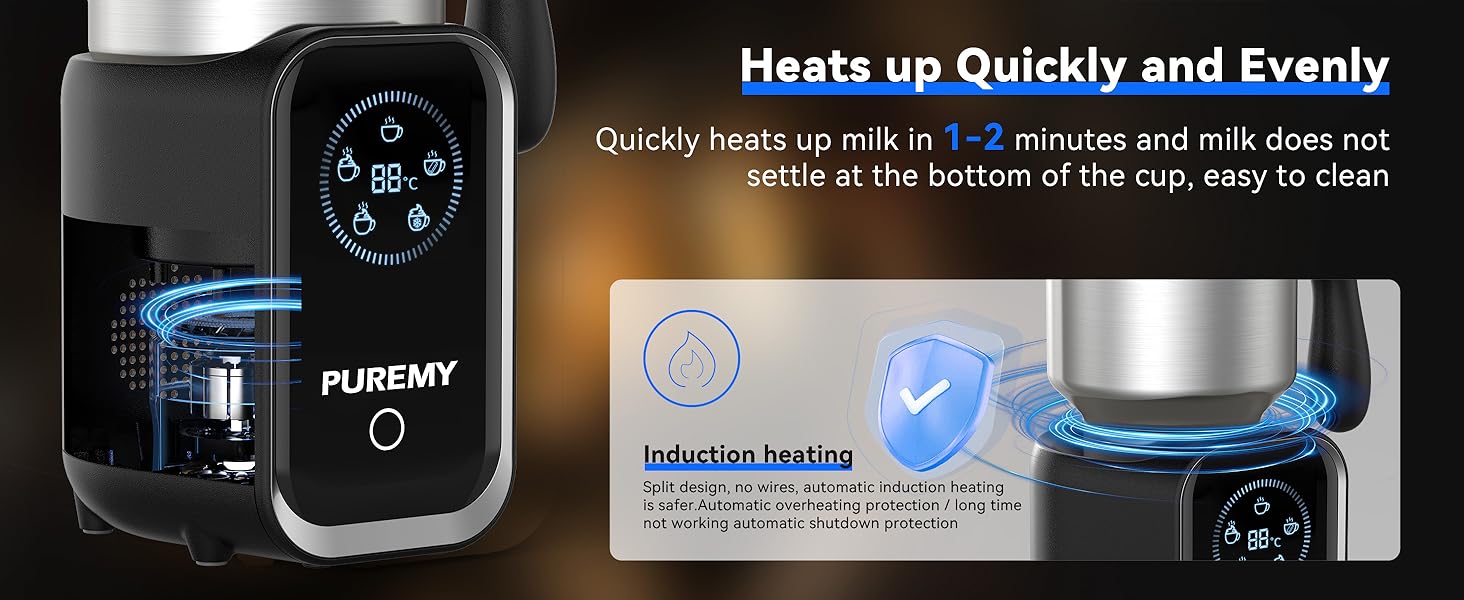 Електричний спінювач молока 5-в-1, 600 мл, з регулюванням температури, для лате, капучино, чорний