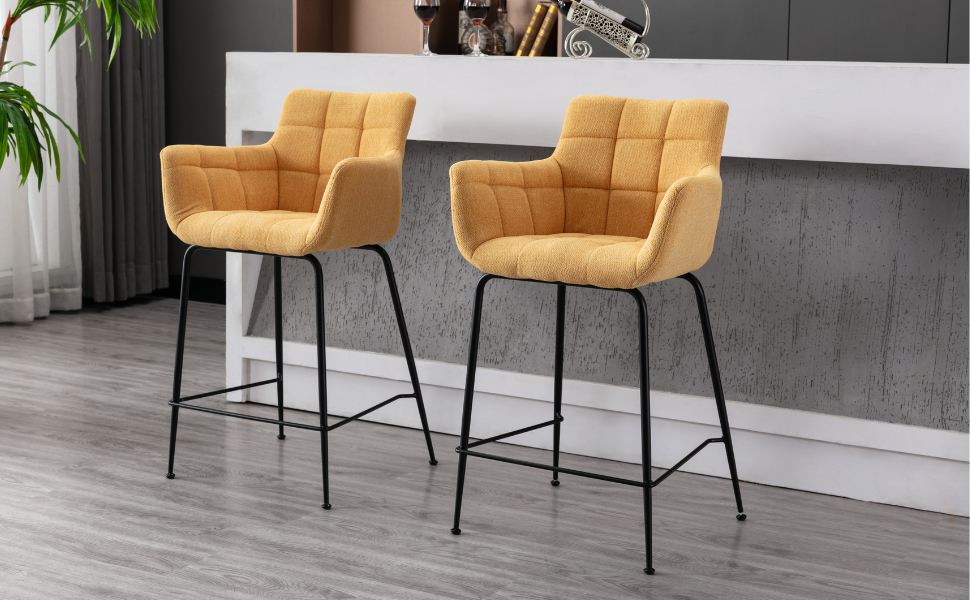 Набір барних стільців, сучасний дизайн, металеві ніжки, товсте фrotте сидіння, вигнута спинка, для кухні, кафе, ресторану, вітальні, зелений (2), жовтий