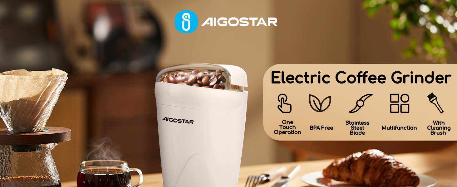 Кавомолка електрична Aigostar для кави, спецій та горіхів, нержавіюча сталь, 60г, 200 Вт, біла