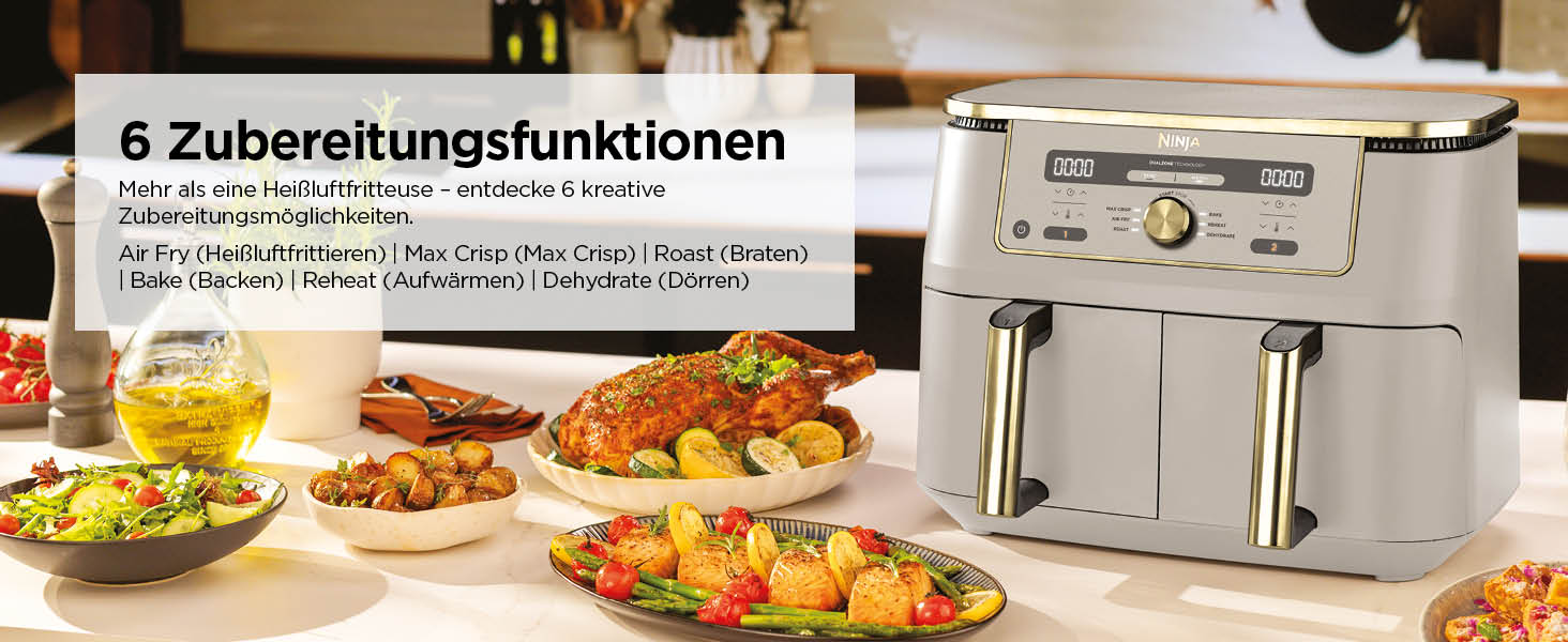 Фритюрниця Ninja Dual Zone Digital Air Fryer 9.5L, 6-в-1, 2 відсіки, Stone/Gold DZ400EUSTGD