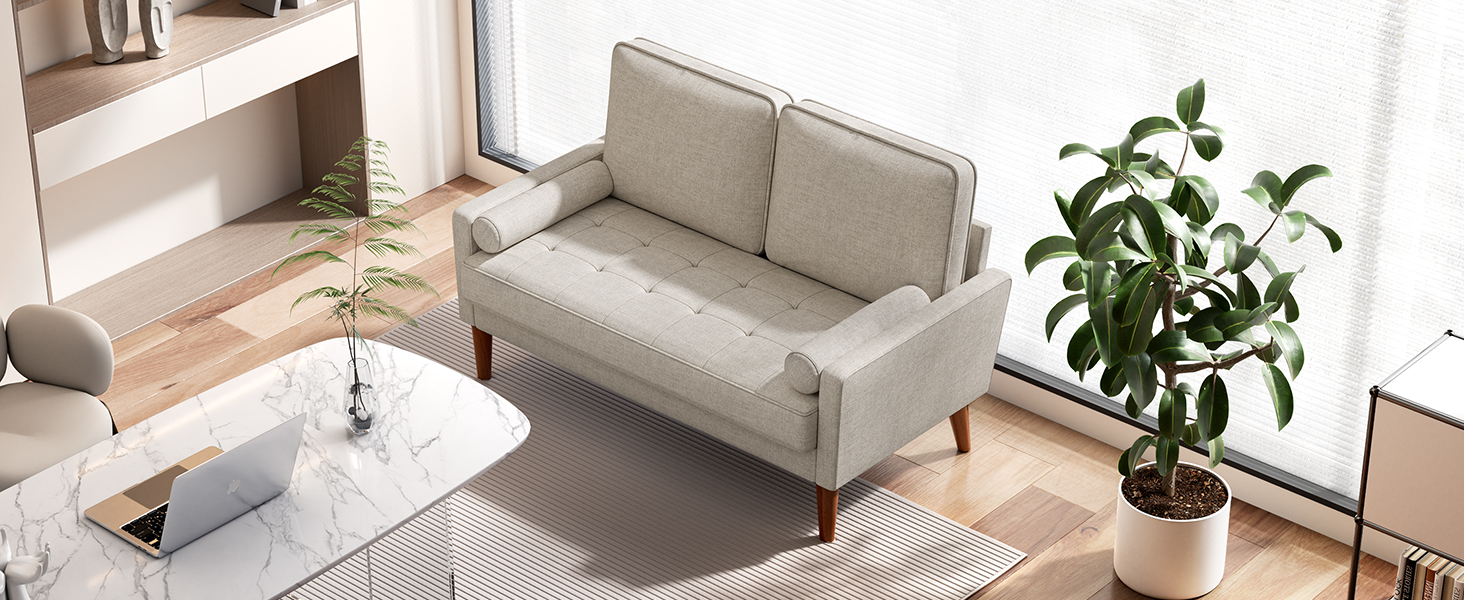 Диван Vesgantti 2-місний, 121 см, сучасний дизайн, з 2 подушками, для вітальні/квартири/офісу, тканина льон, колір пісочний