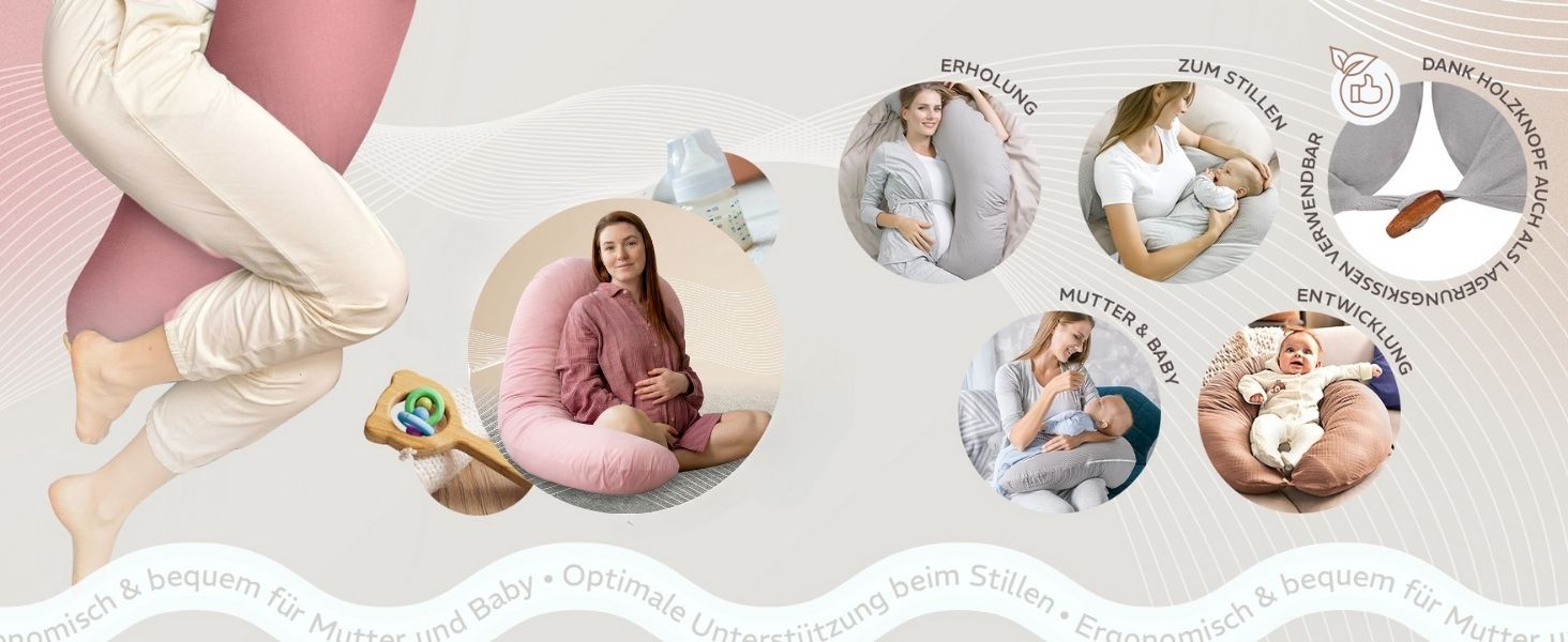 Подушка для годування та вагітності sei Design XXL (190x35 см), ергономічна подушка для сну з чохлом з органічної бавовни муслін, сріблясто-сіра