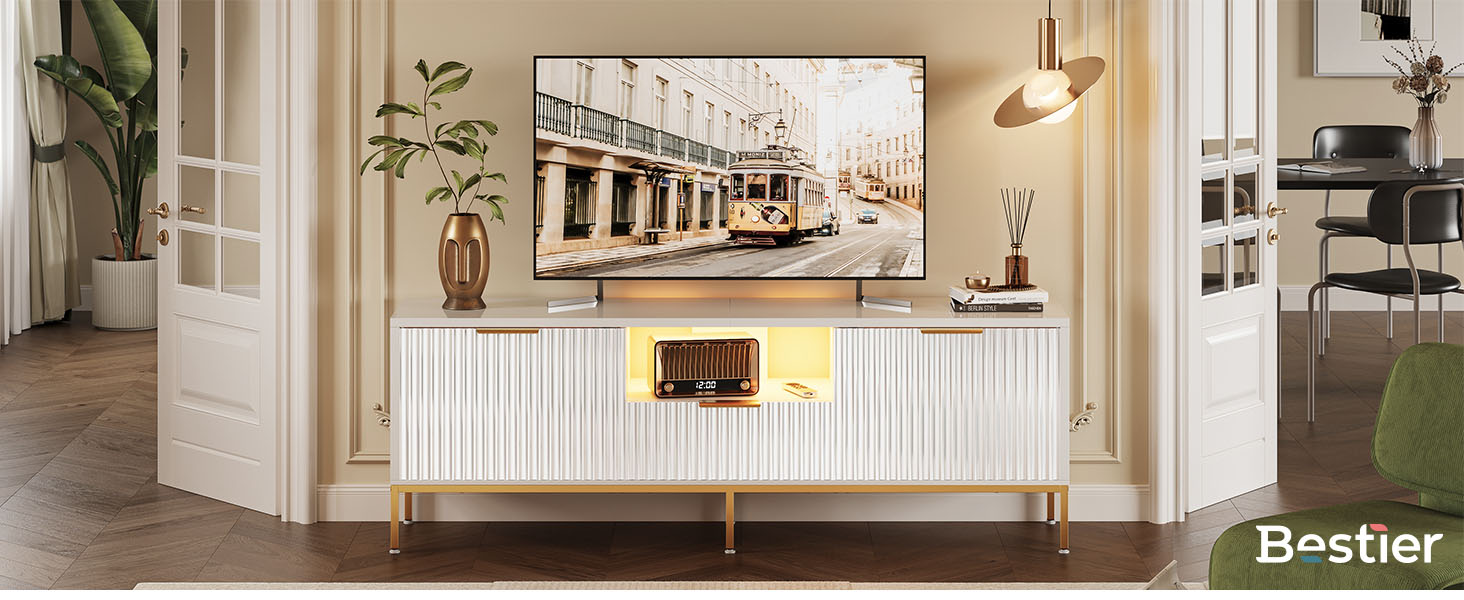 Тумба під ТВ Bestier для телевізора 55/60 дюймів, біла, з полицями для зберігання - сучасна медіа-консоль для вітальні та спальні