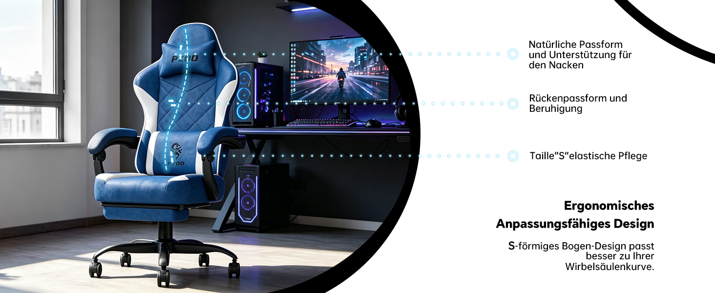 Ігровий стілець Ergonomic Gaming Chair з підставкою для ніг, ергономічне комп'ютерне крісло з високотехнологічної тканини для дорослих та підлітків, синій