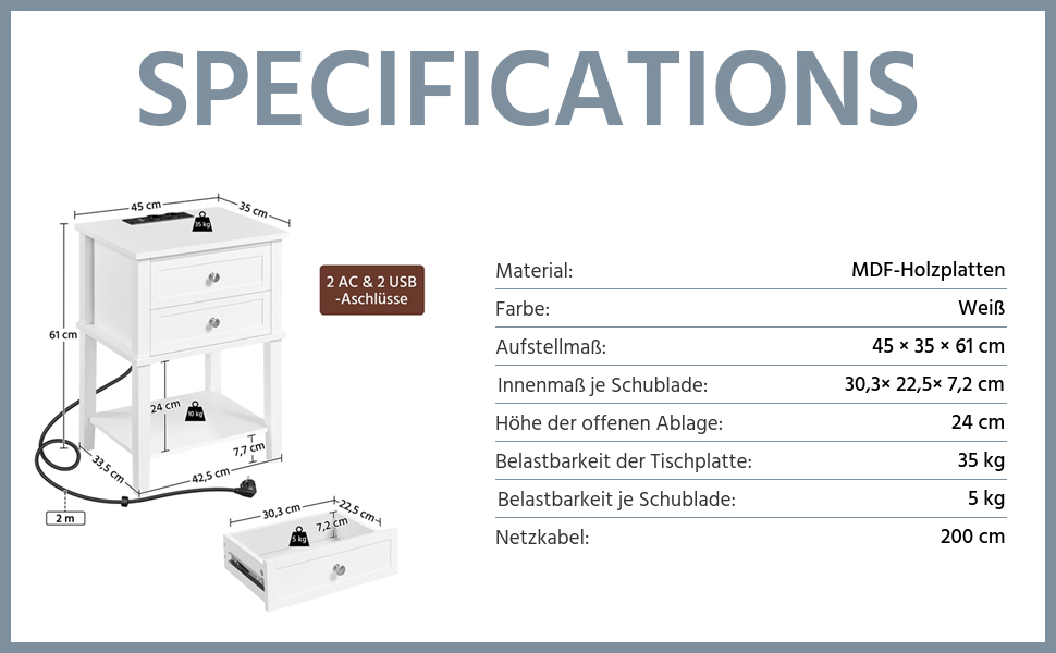 Тумбочка Yaheetech 2 шт. з розеткою та USB, 45x35x61см, біла