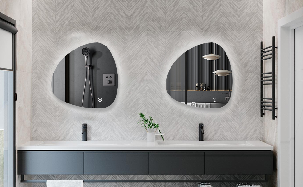 Асиметричне дзеркало для ванної кімнати Boromal з підсвічуванням 80x80 см LED, сенсорне керування, 3 кольори світла, регулювання яскравості