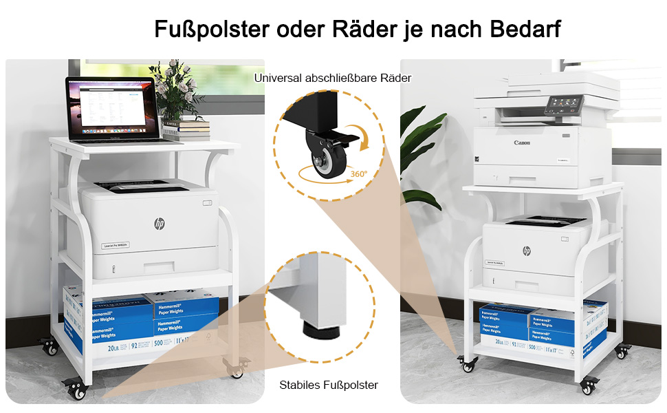 Регульований стіл для принтера PUNCIA з 3 ящиками, 60 x 50 см, на коліщатках, з дерева та металу, білий