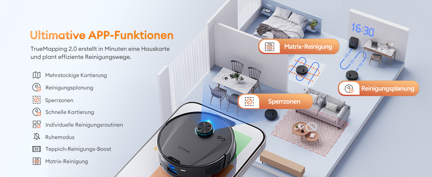 Робот-пилосос Ultenic з функцією миття 6000Pa, LiDAR навігація, 3-в-1, 150 хв роботи, керування через додаток, для шерсті тварин, килимів та твердих підлог D10