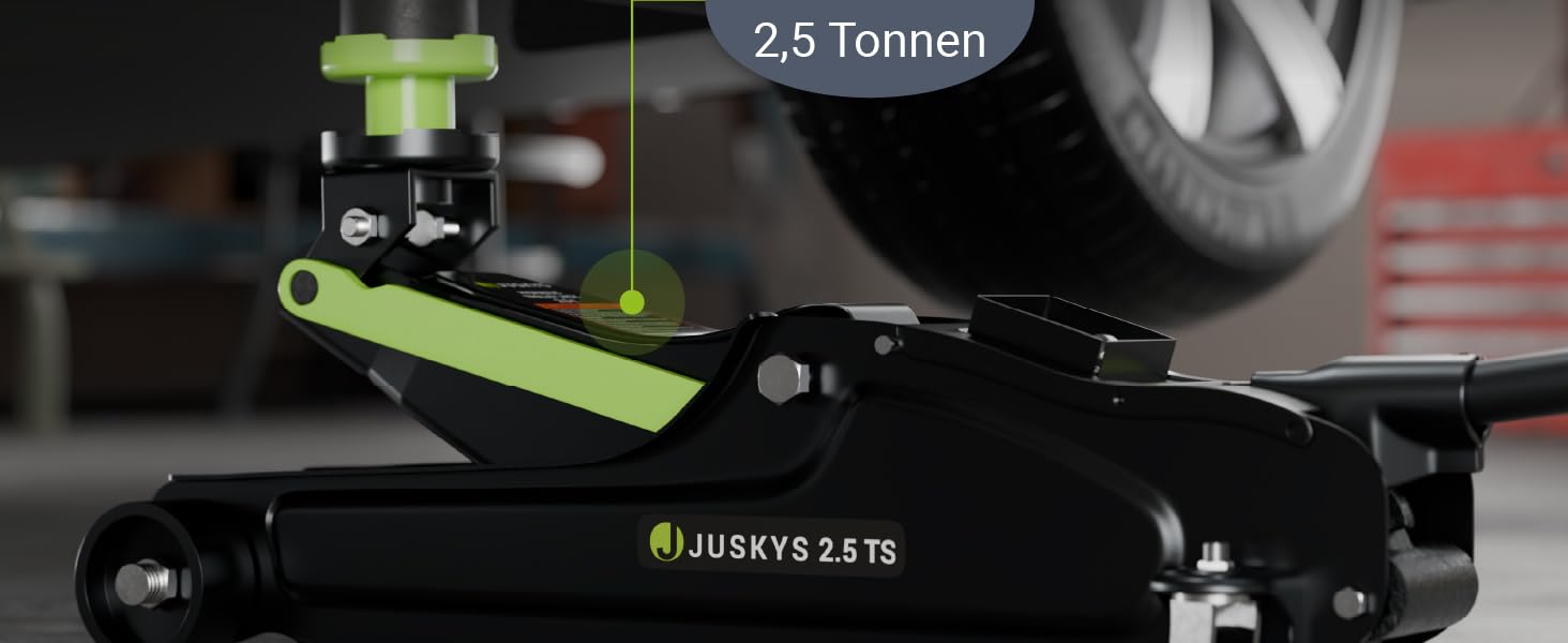 Підйомник гідравлічний Juskys 2.5 т, сталевий, 85-390 мм, з кейсом, гумовими накладками та аксесуарами - Чорно-зелений