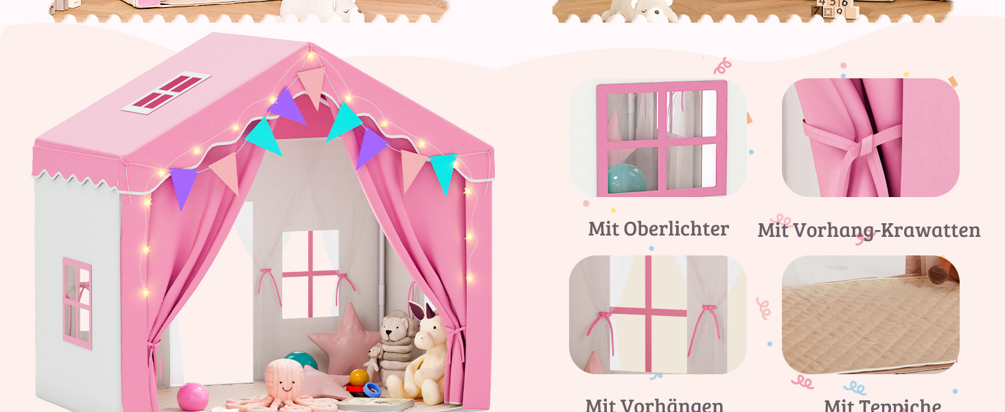 Дитяче намет-ігровий будиночок EROMMY 2-в-1 з килимком, прапорцями та світлодіодними смугами, з двома дверцятами, з даховим віконцем, для дому, 3+ роки (Рожевий)