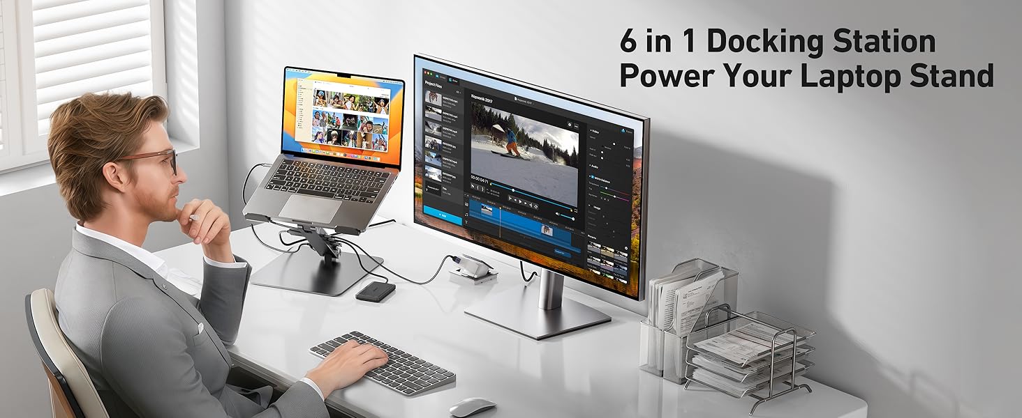 Підставка для ноутбука BENFEI з док-станцією USB-C 6-в-1: HDMI (4K@60Hz), Gigabit LAN, 100W Power Delivery, 10Gbps (1x USB-C 3.2 & 2x USB-A 3.2) – сумісна з MacBook Pro/Air, iPad Pro, XPS, ThinkPad