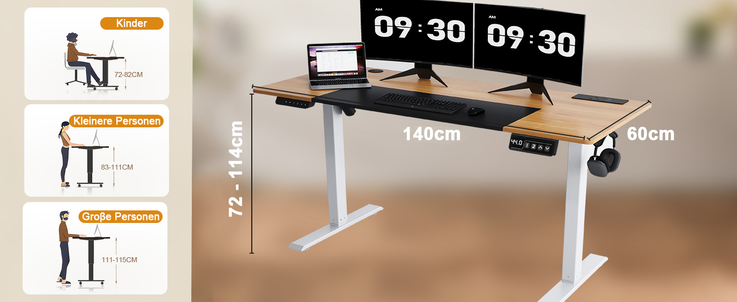 COMHOMA Стол письмовий регульований по висоті 160x70 см з USB-роз'ємом та гачками, Електричний стіл для комп'ютера, Стол для стоячи-сидячи, Піднятий стіл (Коричневий, 60*140 см)