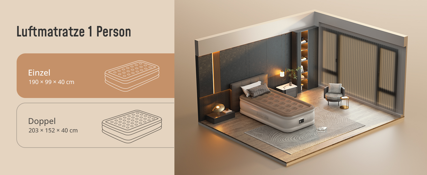 Надувне ліжко Airefina з самонадувною системою та інтегрованим насосом, 203 x 152 x 46 см (1 особа), для кемпінгу та дому
