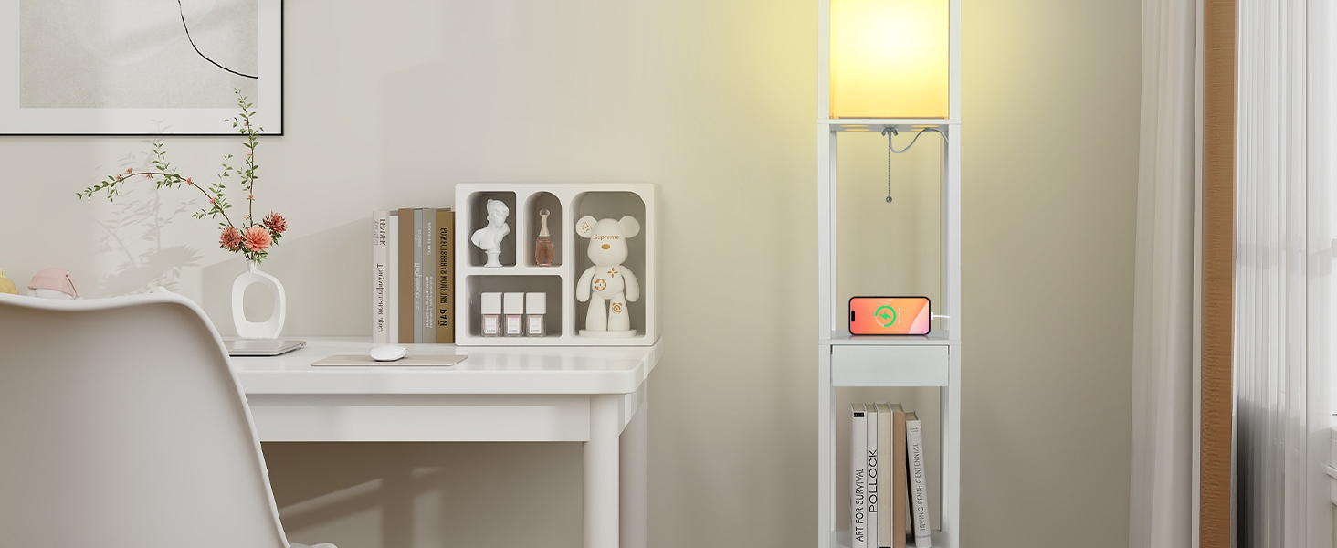 Торшер Fullwatt з дерев'яною поличкою та внутрішньою підсвіткою для спальні та вітальні, білий колір