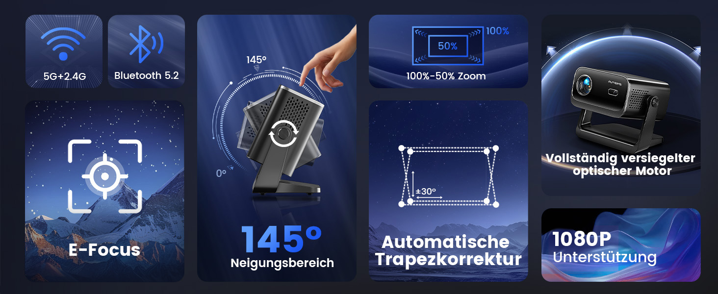 Портативний проєктор Beamer з автофокусом та корекцією трапецеїдальних спотворень, WiFi, Bluetooth, Full HD 1080P, LED, 145°, 50% Zoom, для домашнього кінотеатру та мобільного використання, чорний