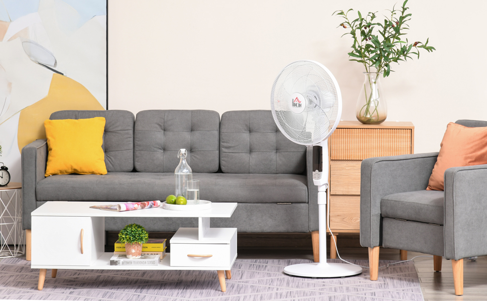 Підлоговий вентилятор HOMCOM 138 см, сталевий, білий, з таймером 5 год, пультом ДК, регульована висота, 3 швидкості