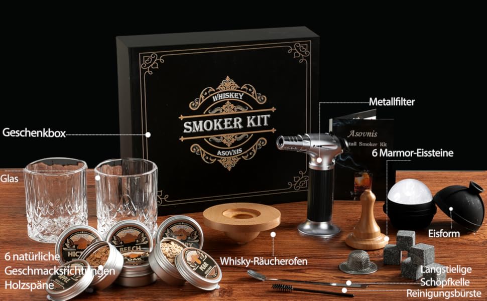 Набір для копчення віскі з пальником, 6 смаків, дерев'яні стружки, 2 склянки, 6 контейнерів для віскі, набір для коктейлів, набір для копчення напоїв, подарунок на день народження для любителів бурбону (без бутану)