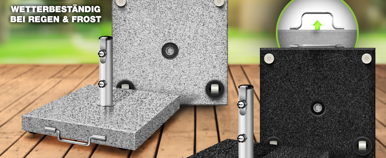 Підставка для парасольки Tillvex® Granit з роликами та ручкою для транспортування, 27 кг, кутова | Підставка для парасольки з нержавіючою сталею | Підставка для парасольки на балкон, сумісна з держателями 16-48 мм та парасольками діаметром 250 см, кутова, сіра