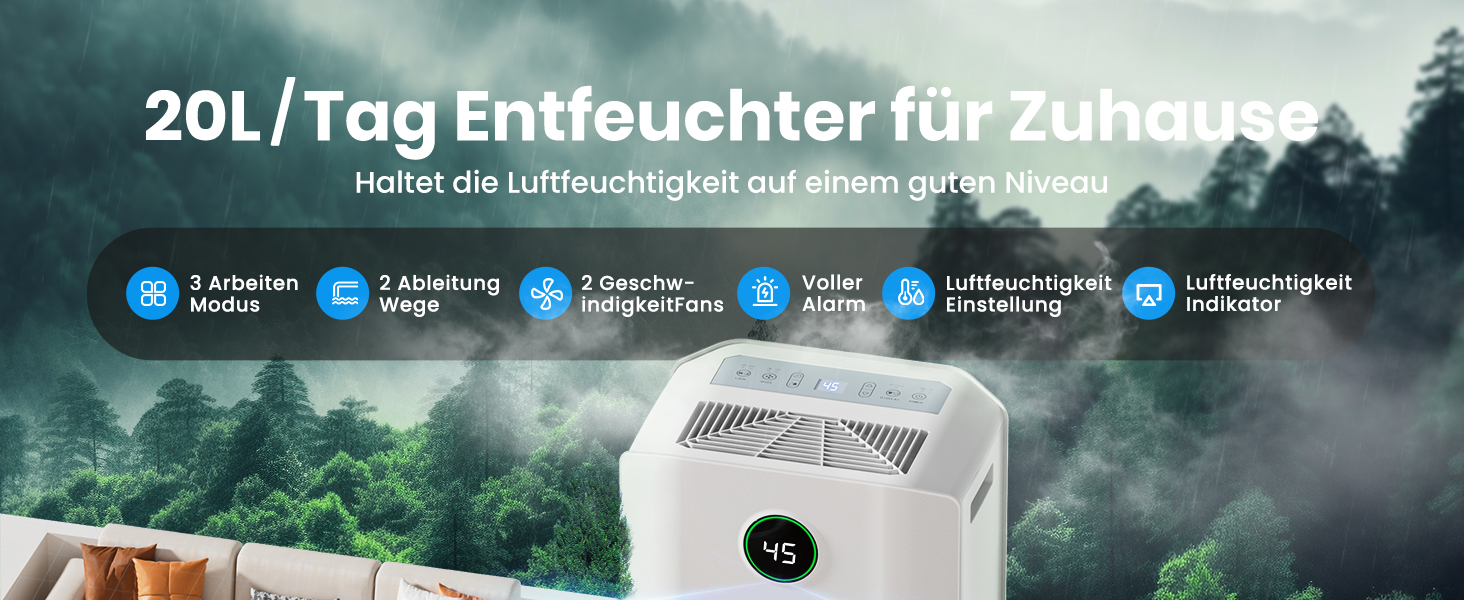 Електричний осушувач повітря 20л/день з цифровим дисплеєм, таймером та підключенням до каналізації. Для дому, підвалу та вітальні.