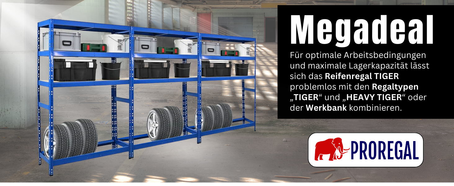 Стеляж для шин PROREGAL Tiger XL, 200x180x45 см, 300 кг на полицю, до 205/55 R16, для автосервісу, складу, підвалу (6 шин + 6 полиць, блакитний)
