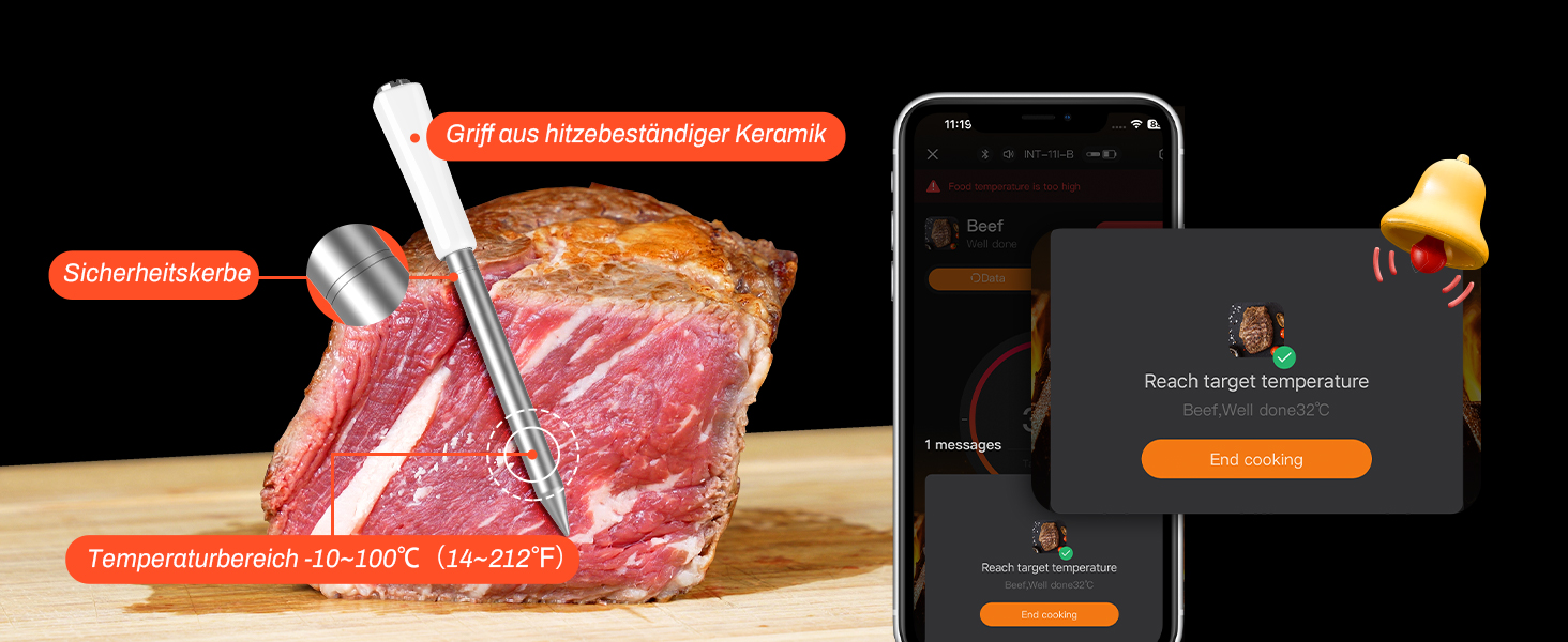 Термометр для м'яса Inkbird INT-11I-B: бездротовий, Bluetooth 5.4, водонепроникний (IP67), LCD-дисплей, для приготування на грилі, в духовці, мангалі, Airfryer