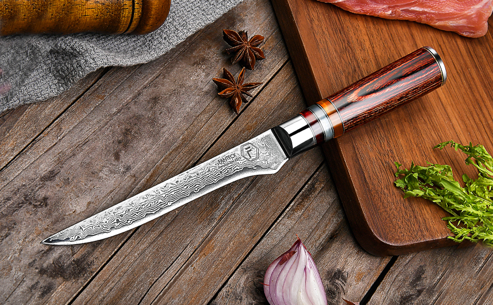 Японський кухонний ніж FANTECK Gyuto з дамаської сталі 67 шарів (20 см) з ручкою Pakkaholz. Професійний ніж для кухні, 5.5 дюймів. У подарунковій коробці.