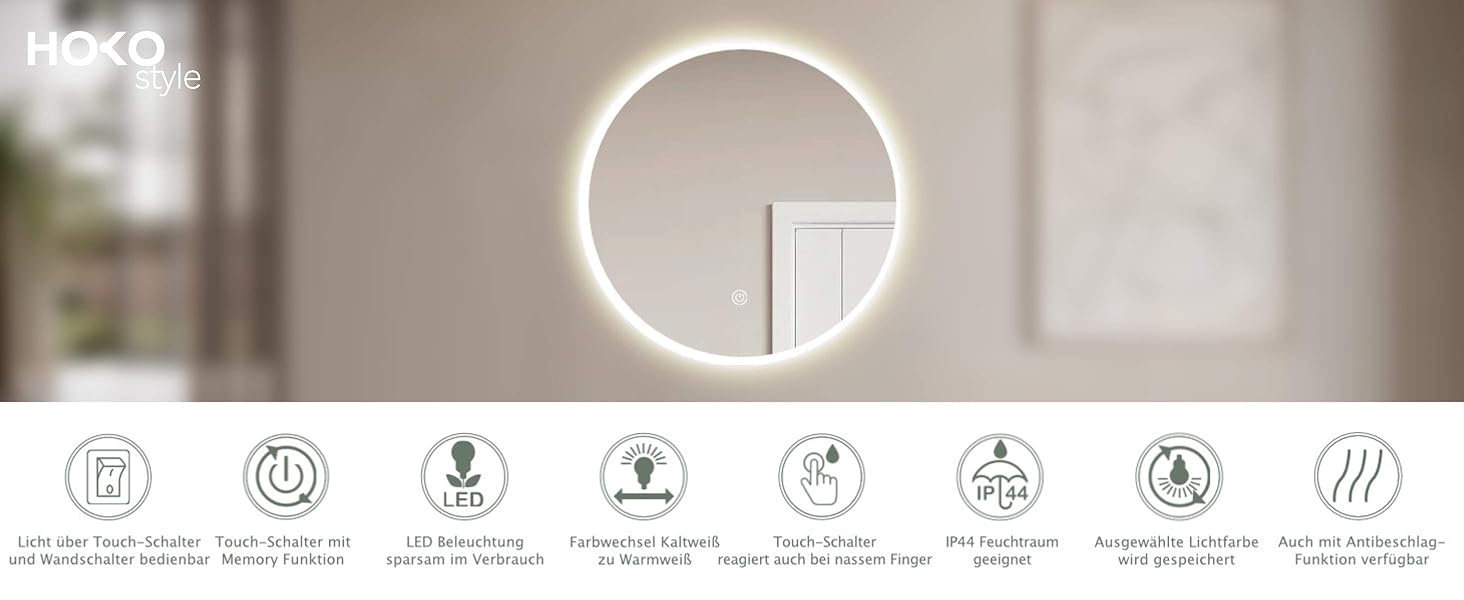 Дзеркало для ванної кімнати HOKO Design Riga, кругле, 60 см, з металевим каркасом, LED-підсвічування, сенсорне управління, регулювання кольору світла (80x80 см, срібло)