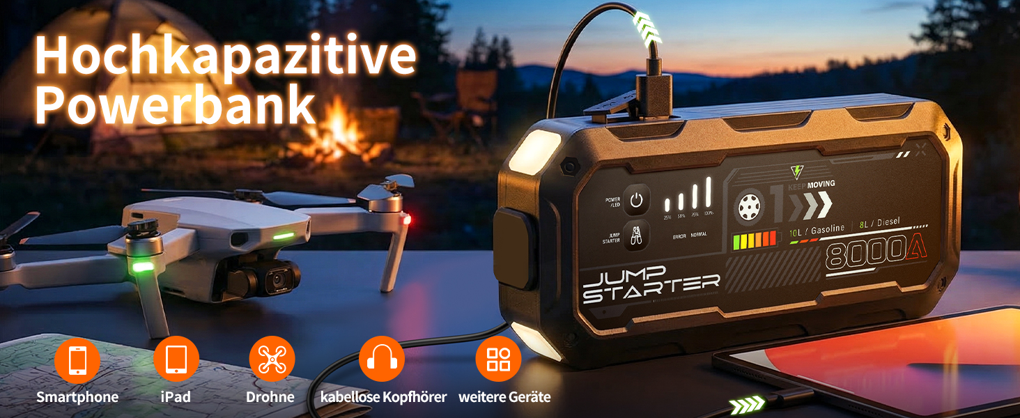 Бустер для автомобіля 8000A Powerbank Jump Starter для дизельних двигунів до 12л та бензинових до 10л