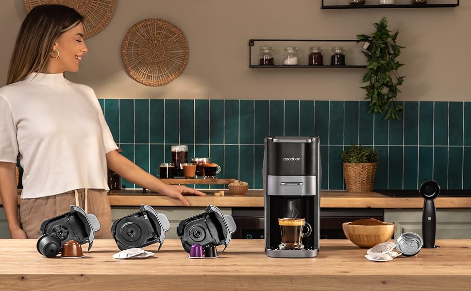 Еспресо-машина Cecotec Freestyle Compact Black: 1350W, Thermoblock, 20 Bar, 4-в-1, для кави, Dolce Gusto, Nespresso, K-Fee (700мл)