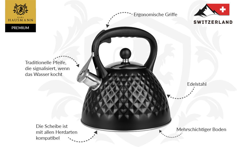 Чайник для плити Induktion 3L, чорний, з авто-свистком, нержавіюча сталь