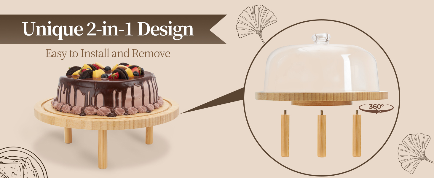 Підставка для тортів Ohuhu з бамбука 2-в-1 з кришкою, обертова тальянка з 3 знімними ніжками та акриловою кришкою для випічки, декору та святкування, чудовий подарунок для жінок