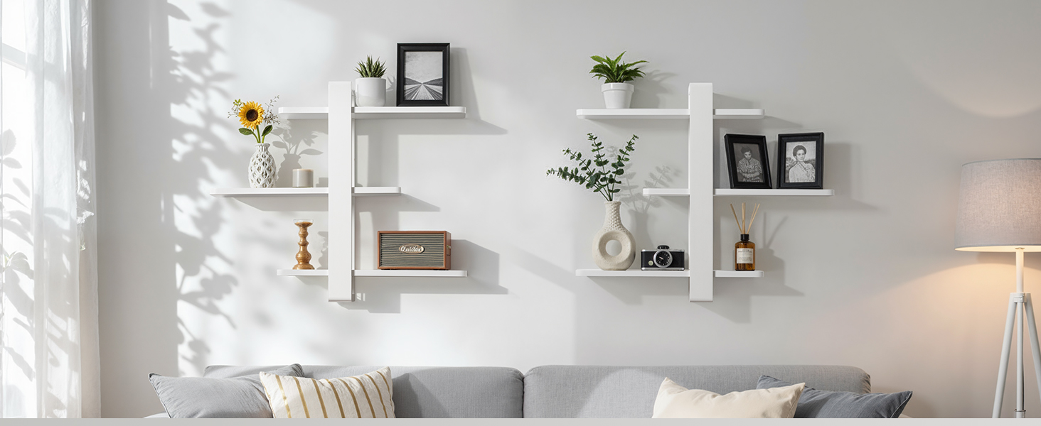 Полиця настінна дерев'яна SUMGAR, плаваючі полиці, 3-ярусна, біла 50x58 см для вітальні, спальні