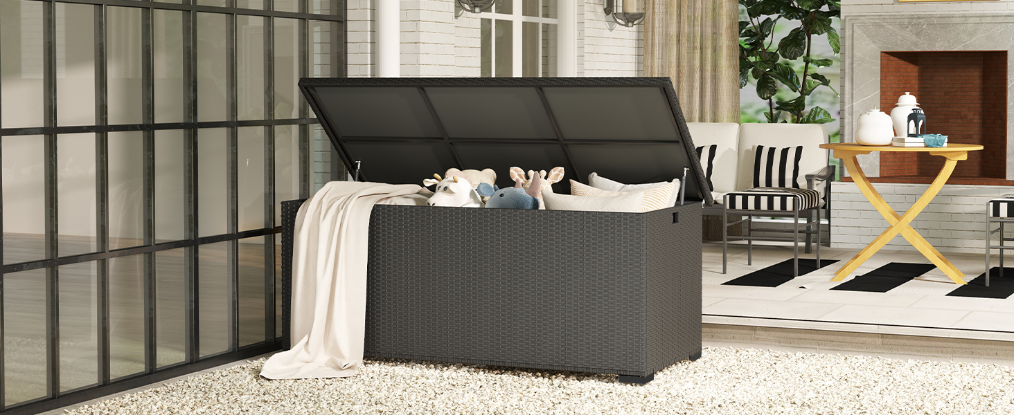 Скриня для подушок садових Polyrattan Amopatio 650л, водонепроникна, з газліфтом, чорна. Ящик для зберігання речей на вулиці для саду, балкону