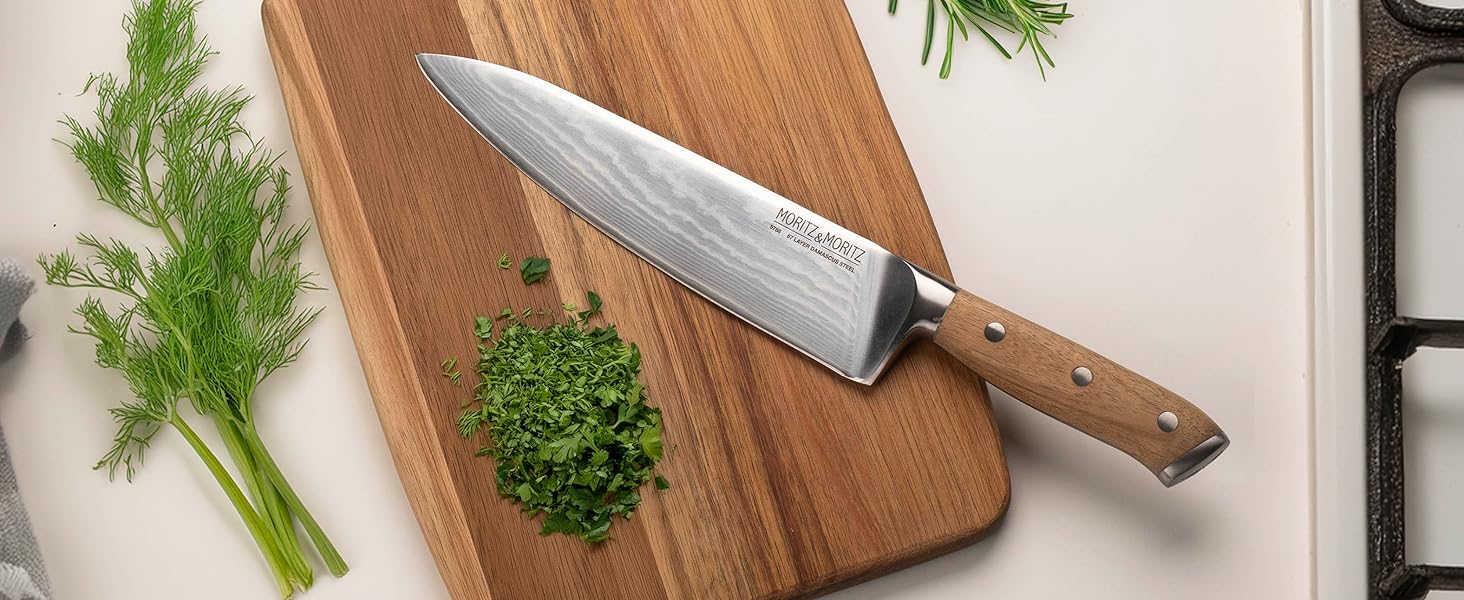 Ніж кухарський Moritz & Moritz Damastmesser 20 см - професійний ніж з дамаської сталі 67 шарів - кухонний ніж з ергономічною ручкою з акації