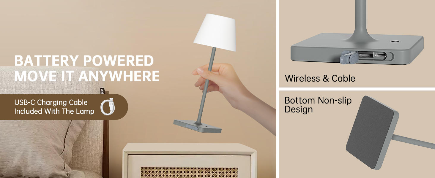 LED лампа настільна акумуляторна бездротова, диммувана, з тач-панеллю, 4000mAh, з функцією павербанку, вологостійка IP44, для дому та вулиці (сіра)