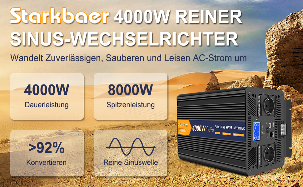 Інвертор Starkbaer 1500 Вт/3000 Вт Перетворювач напруги від 12 В до 230 В Перетворювач напруги з чистою синусоїдою Автомобільний перетворювач з РК-екраном, пультом дистанційного керування, 2 розетками змінного струму ЄС, 1 портом Type-C і 1 портом USB (4000W24V)