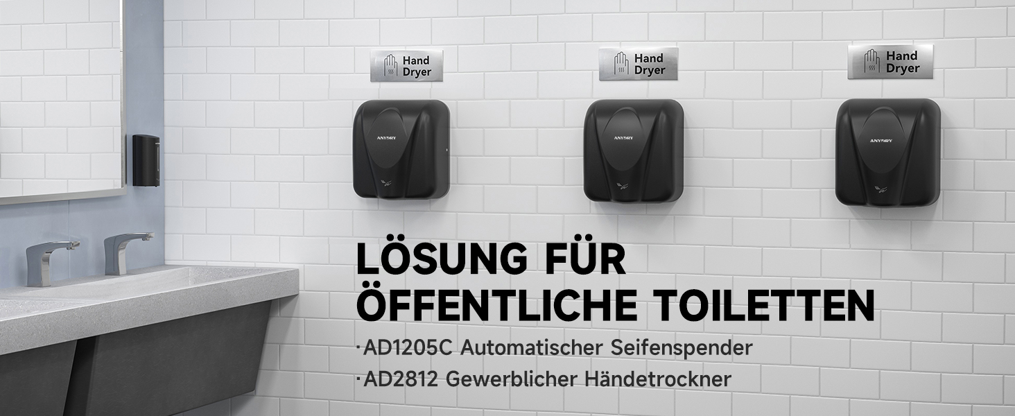 Anydry 2812 - Електричний сушар для рук AnyDry, для комерційного використання, нержавіюча сталь, швидка сушка (7-10 сек), 1600W, чорний (Brushed)