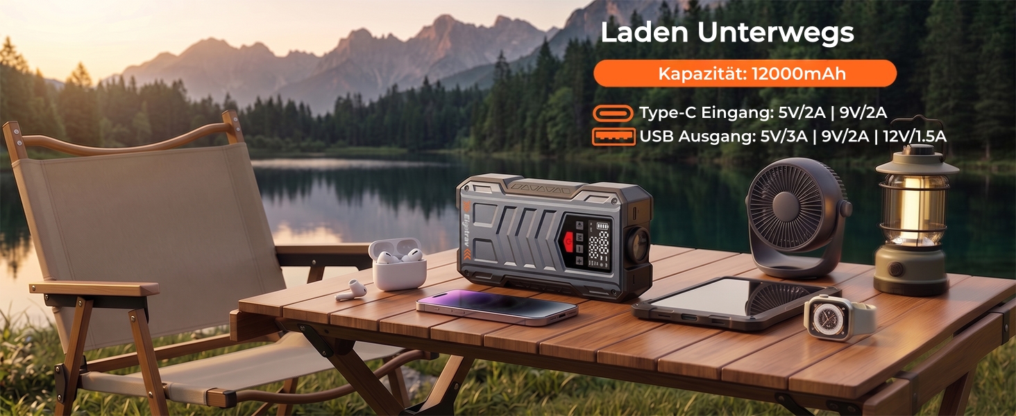 Пусковий пристрій (бустер) Starthilfe 8000A з компресором 150 PSI, 9-в-1: Jump Starter 12V для бензинових та дизельних авто (до 14л), електричний насос та Powerbank з швидкою зарядкою 30W