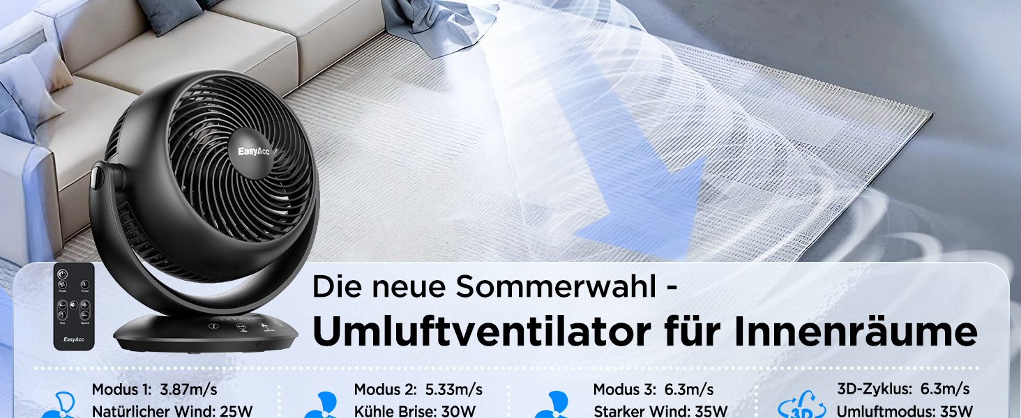 Вентилятор настільний EasyAcc тихий 25дБ з автоколиванням 90°, 3D-турбо, пульт, 3 швидкості, таймер 2-12 год, чорний