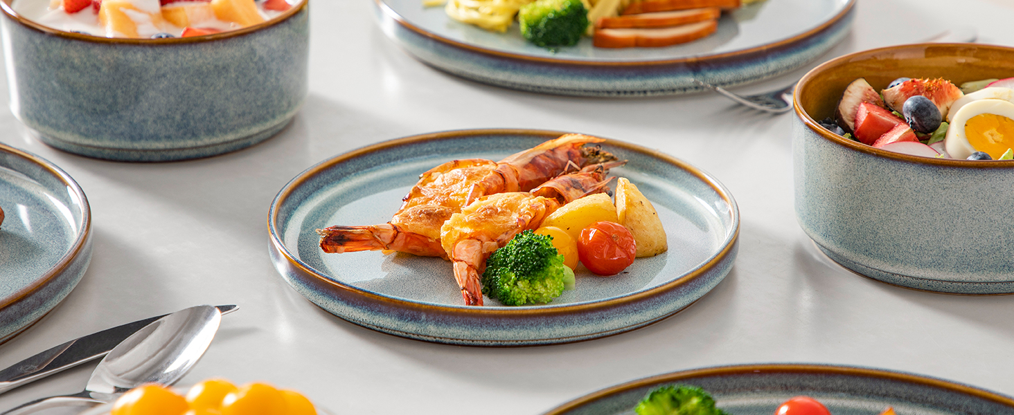 Набір посуду Vancasso Steingut, 24 елементи, на 8 осіб, блакитний, преміум-якість, серія ONION. Тарілки, салатники, миски. Галактичний дизайн.