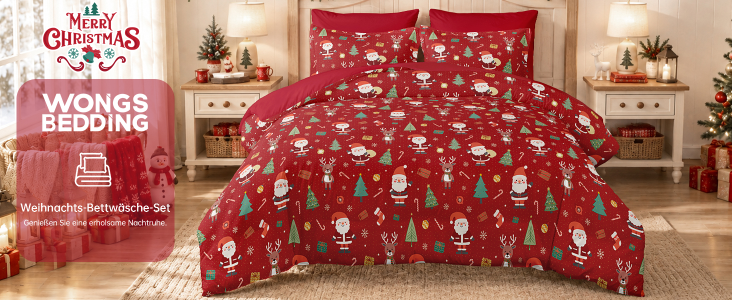 Комплект новорічної постільної білизни WONGS BEDDING з Санта-Клаусом, м'яка мікрофібра, 2 предмети (підковдра 135x200 см, наволочка 80x80 см), червоний