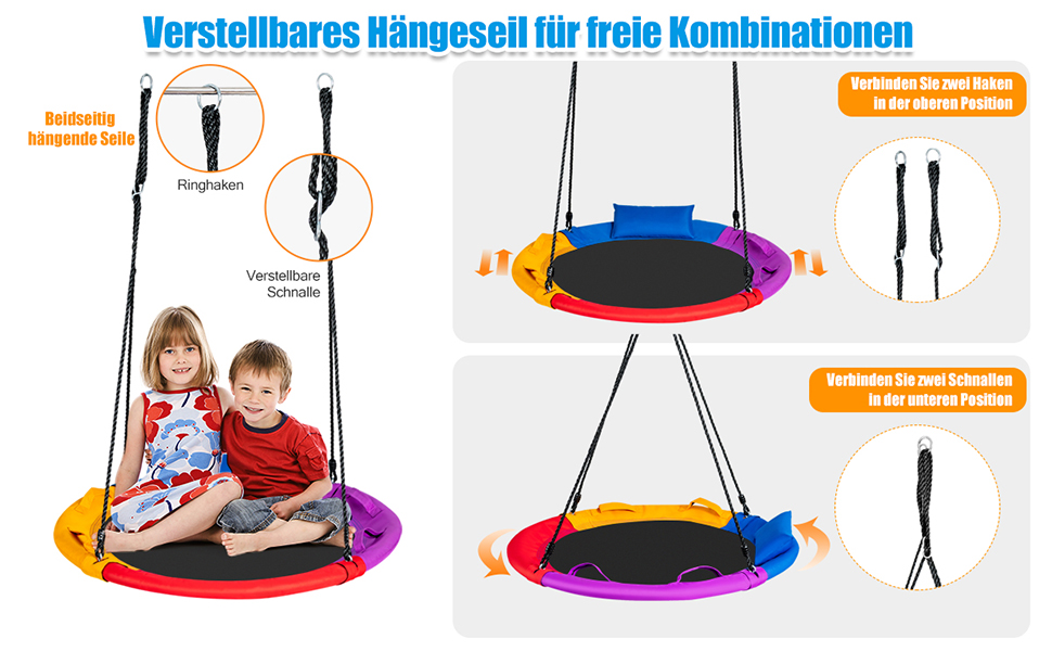 Шоукель-гніздо COSTWAY з подушкою та ручками, дитяча гойдалка з регульованим тросом 100-180 см, вантажопідйомність до 150 кг для дітей та дорослих, для використання в приміщенні та на вулиці, кольорова