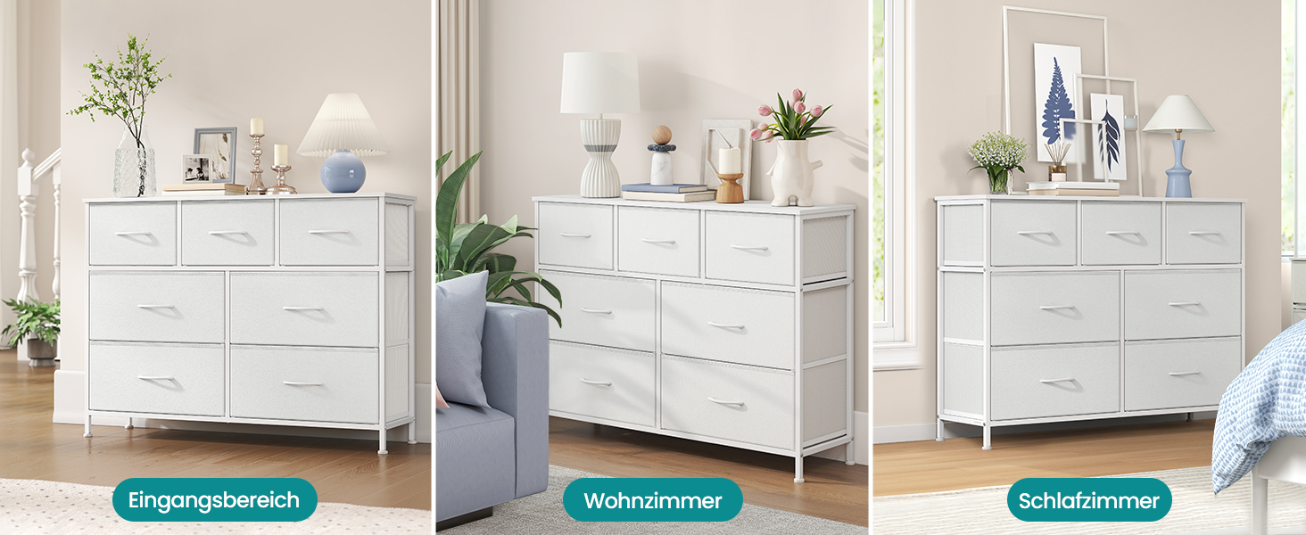 SONGMICS Комод зі 7 висувними ящиками, шафа для зберігання, сталь, MDF, флізелін, для спальні, прихожей, вітальні, білий (LGS323WH01)