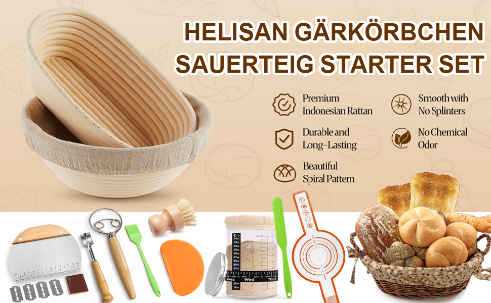 Набір для закваски з 21 елементом: 2 гільзи (23 см круглі, 25 см овальні), скляна тара 900 мл для заквашування, аксесуари для випікання хліба для початківців та професіоналів