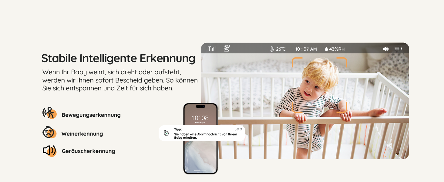 Відеоняня BOIFUN з камерою Wi-Fi 4MP, моніторинг через додаток, виявлення положення дитини, нічник, нічна зйомка, датчик руху/плачу/звуку, автотрекінг, сповіщення про вихід за межі зони
