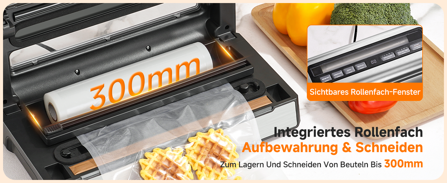 Вакууматор для продуктів 9-в-1 з потужністю 95 кПа, регулюванням часу та тиску, функцією пам'яті, подвійним запаянням, вбудованим різаком та відсіком для пакетів, корпус із нержавіючої сталі, у комплекті 2 ролини та шланг