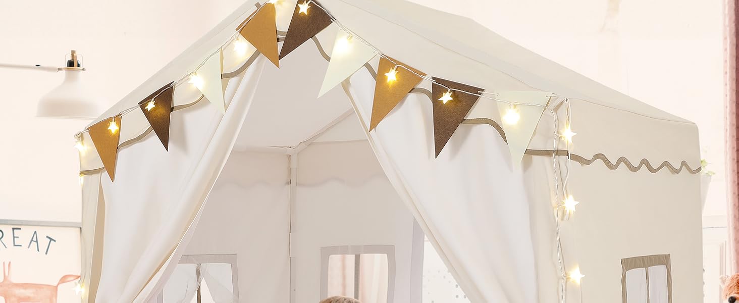 Дитячий намет MAMIZO для гри в приміщенні з килимком, прапорцями та світлом, 136x95x133 см. Ідеальний намет-ігровий будиночок для дітей, підходить для хлопчиків та дівчаток, кремового кольору.